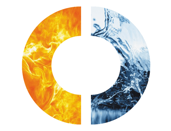 Logo Hell-Sea con cerchio diviso fra fuoco e acqua
