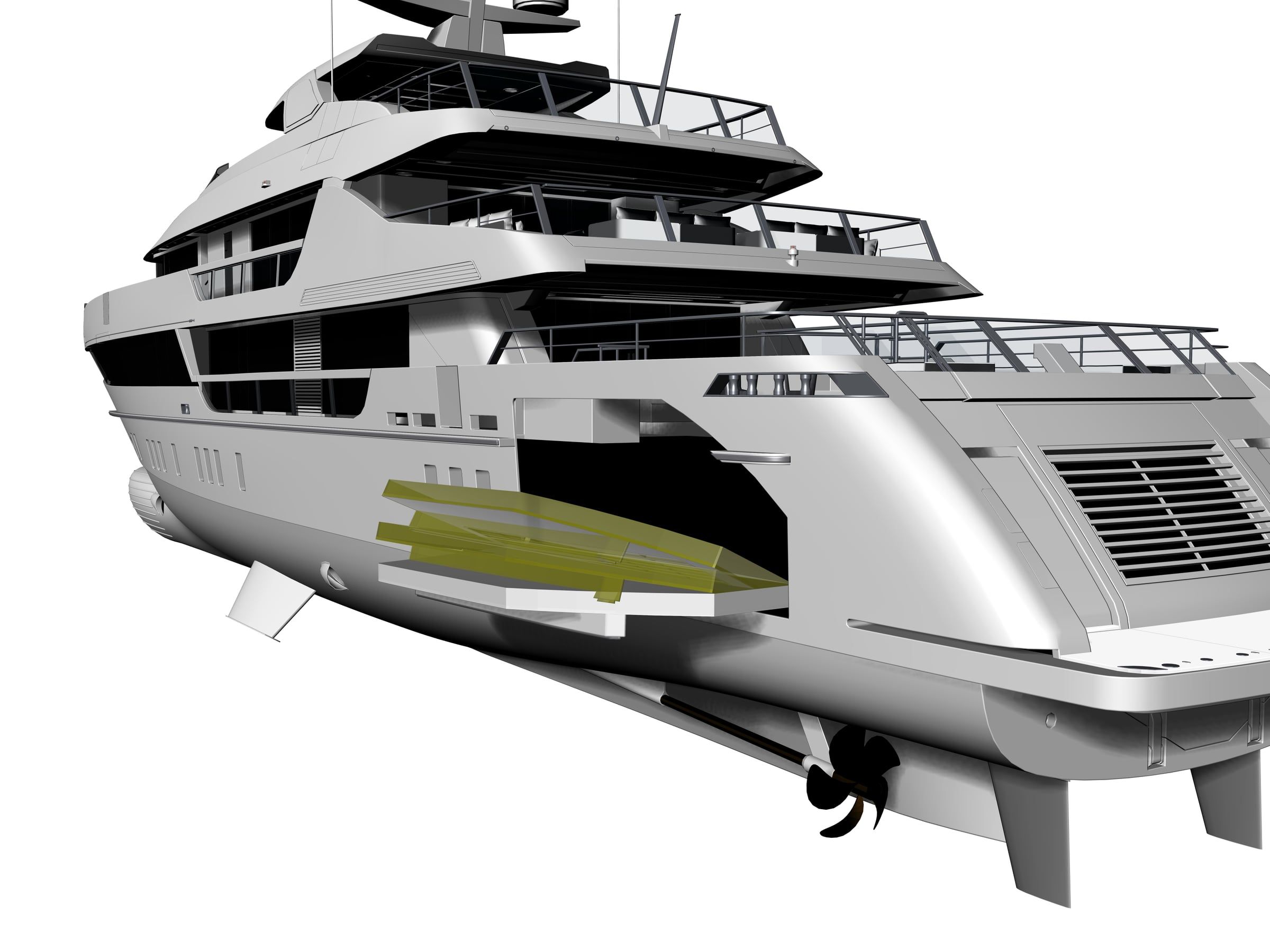 Rendering di uno yacht con vano per stabilizzatori a scomparsa