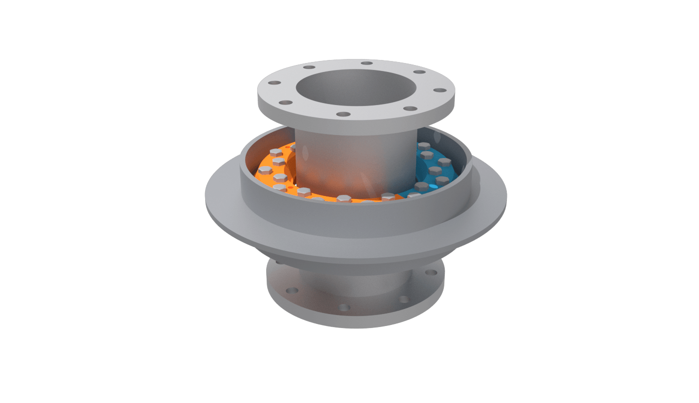 Render 3D di un passaggio stagno a flange con anelli di serraggio colorati