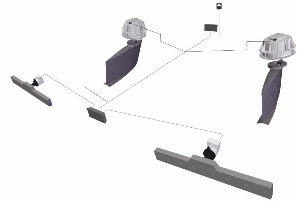 Schema di impianto con flap di poppa, pinne stabilizzatrici e centraline di controllo