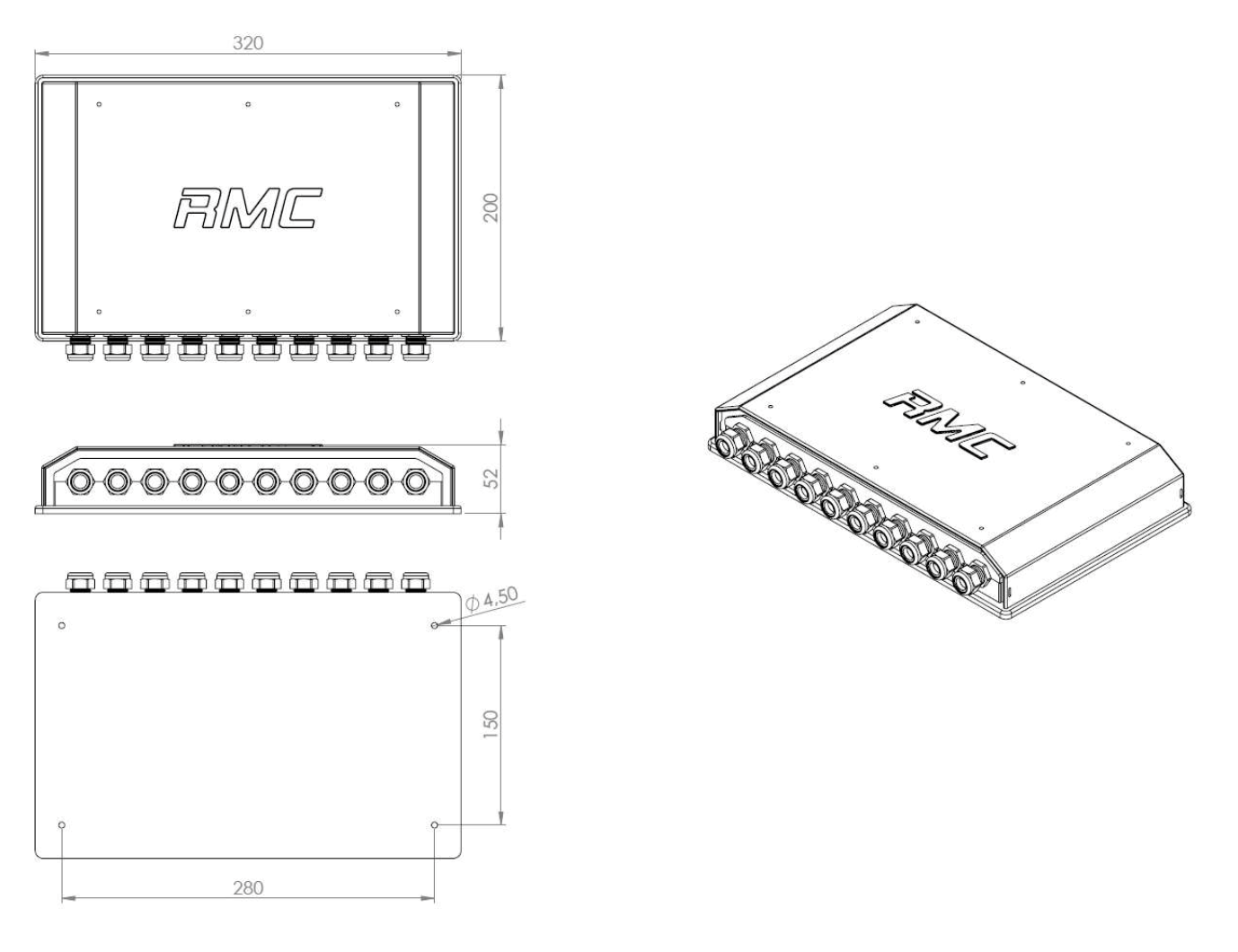 Disegno tecnico quotato di una scatola di derivazione RMC con dieci pressacavi